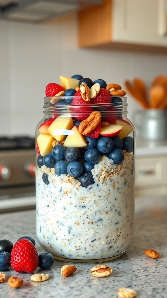 A jar filled with overnight oats topped with fresh berries, diced apples, and nuts.