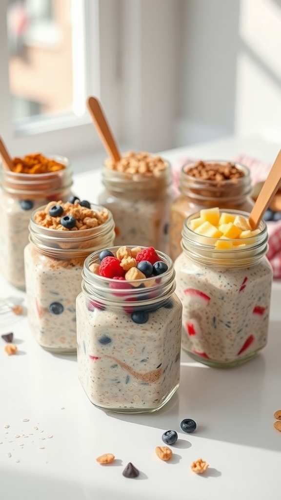A variety of jars filled with colorful overnight oats topped with fruits and nuts.