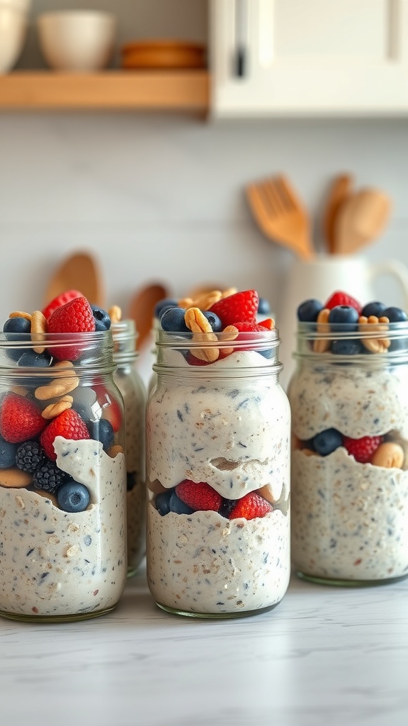 Jars of overnight oats topped with berries and nuts