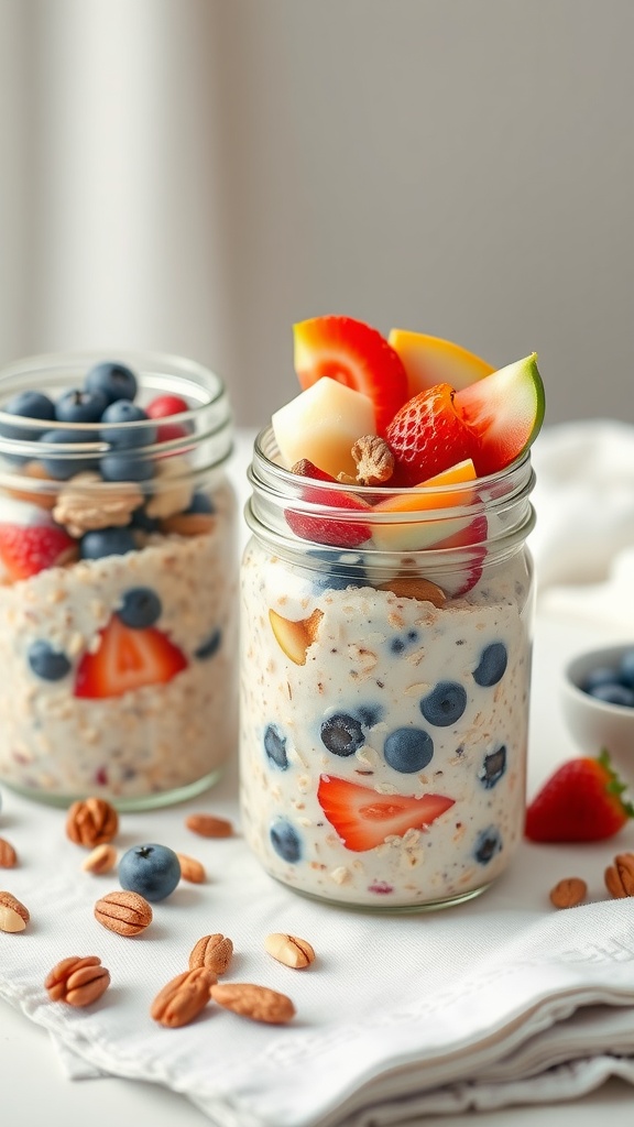A close-up of two jars of overnight oats topped with fresh fruits and nuts.