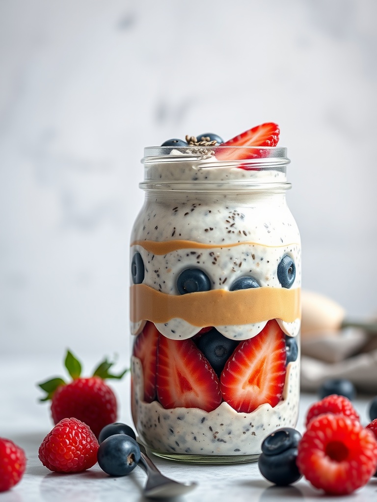 A jar of overnight oats layered with almond butter and topped with strawberries and blueberries.