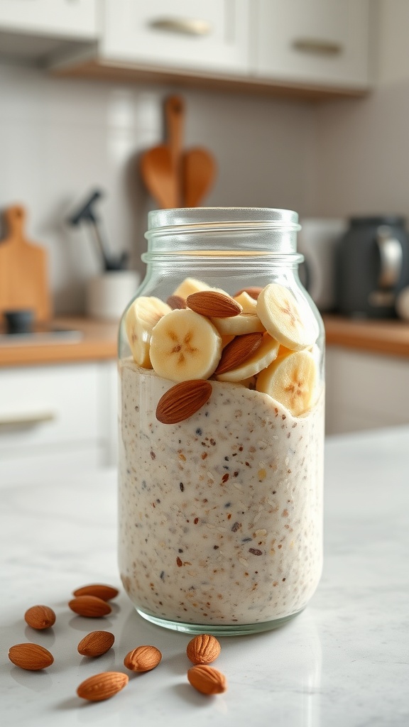 A jar of overnight oats with banana slices and almonds, set in a cozy kitchen.