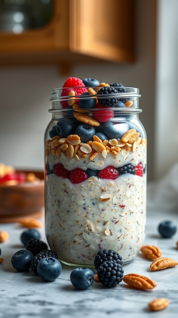 A jar of overnight oats layered with berries and topped with nuts, resting on a marble countertop.