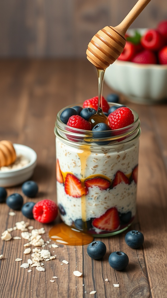 A jar of overnight oats topped with fresh berries and honey, set on a wooden table.