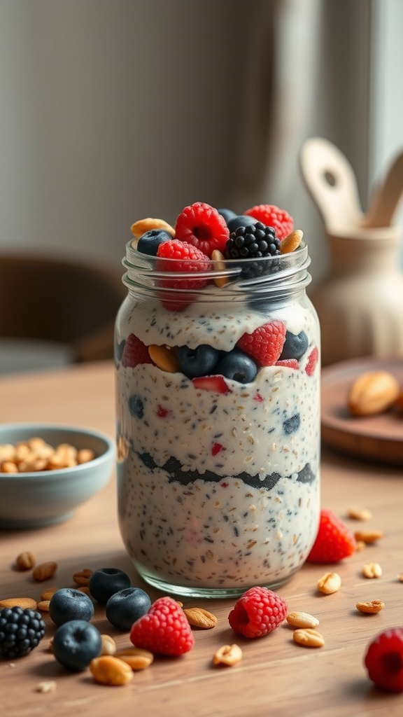 A jar of overnight oats layered with berries and nuts on a wooden table.