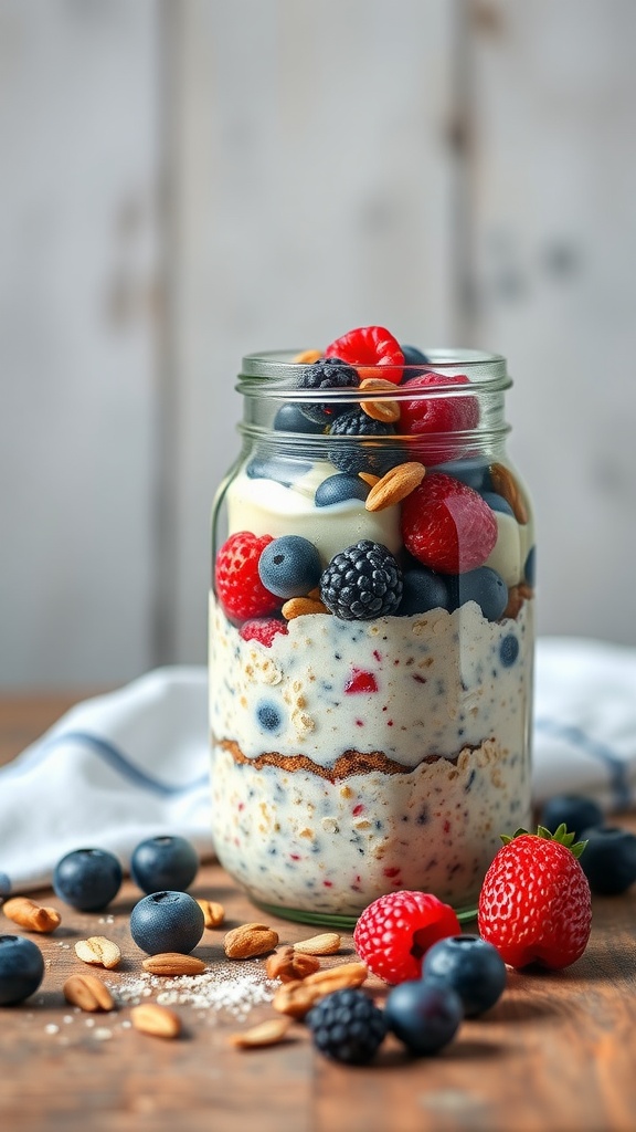A jar of overnight oats layered with berries and nuts on a wooden table.