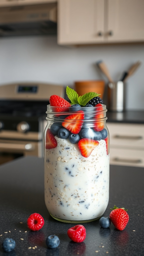 A jar of overnight oats topped with fresh berries and mint leaves.