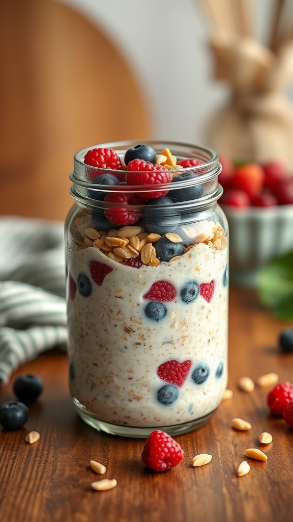 A jar of overnight oats topped with fresh berries and nuts, set on a wooden table.