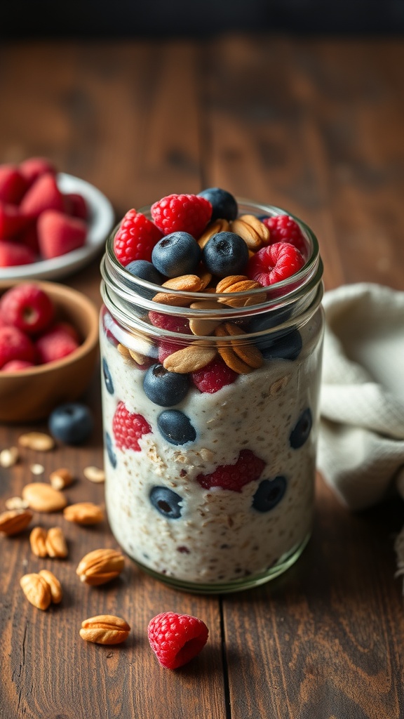 A jar of overnight oats layered with blueberries and raspberries, surrounded by fresh berries and almonds.