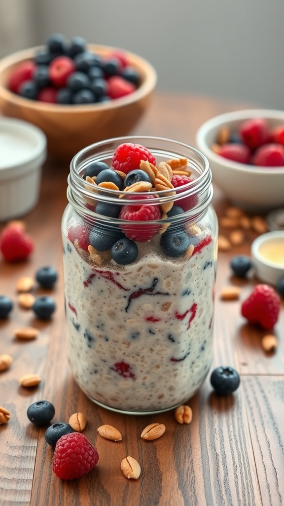 A jar of overnight oats layered with berries and topped with nuts, surrounded by fresh berries on a wooden table.