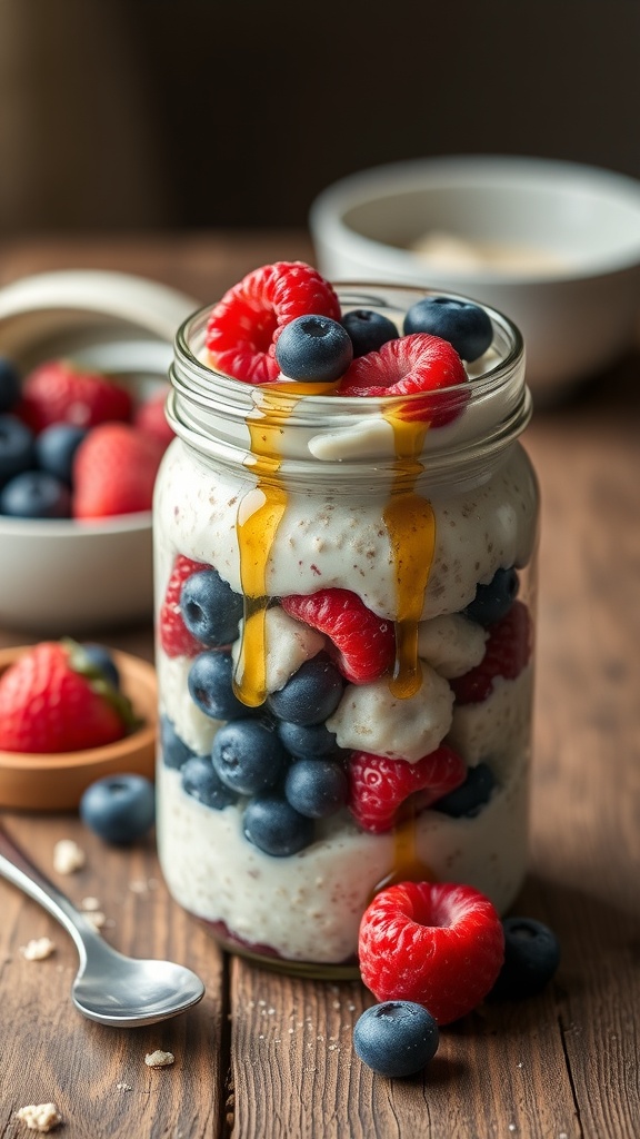 A jar of overnight oats layered with blueberries and raspberries, drizzled with honey.