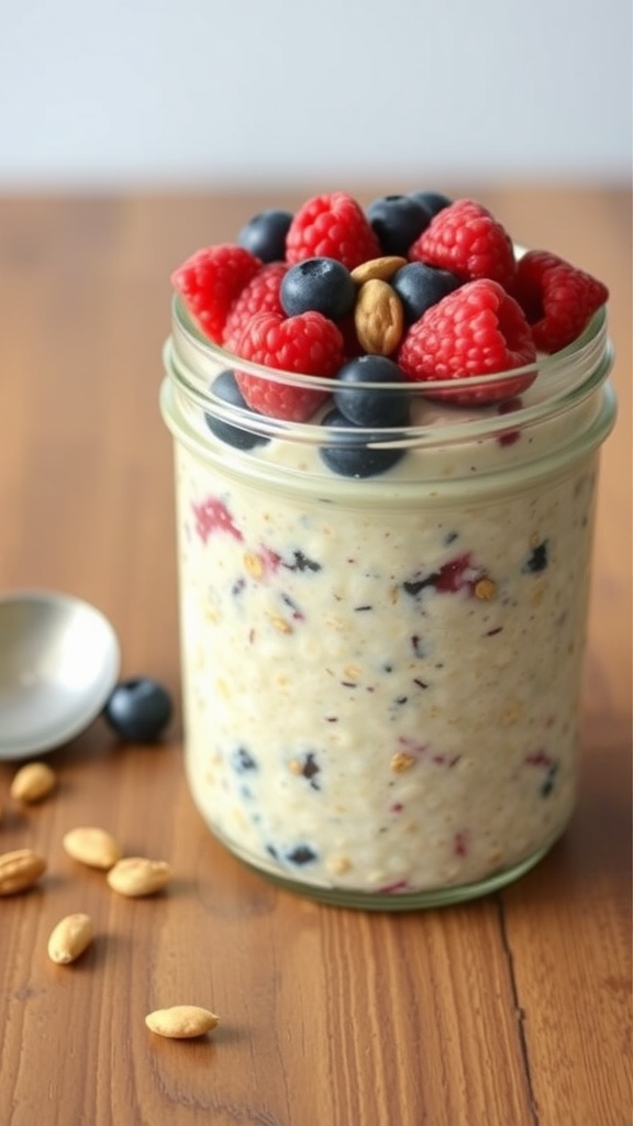 A jar of overnight oats topped with blueberries and raspberries on a wooden table.