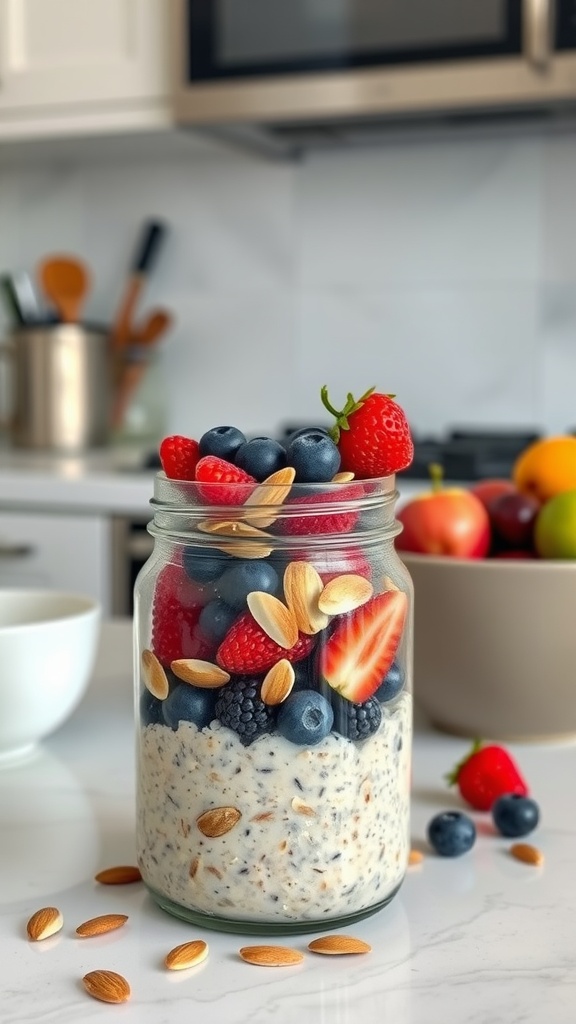 A jar filled with overnight oats topped with berries and almonds.