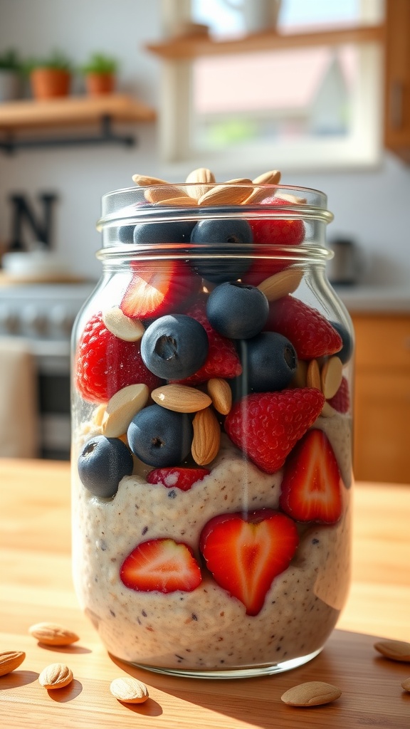 A jar of overnight oats filled with berries and almonds, ready for breakfast.
