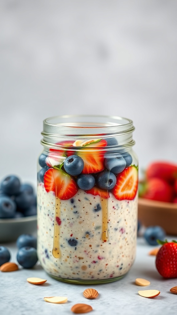 A jar of overnight oats topped with strawberries, blueberries, and almonds, with honey dripping down the side.