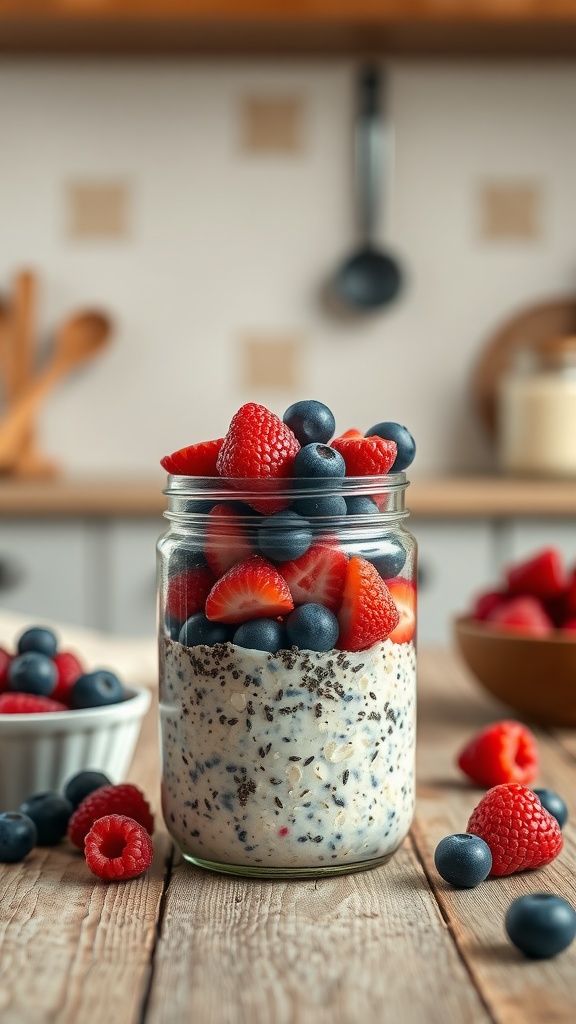 A jar of overnight oats topped with fresh berries and chia seeds on a wooden table.