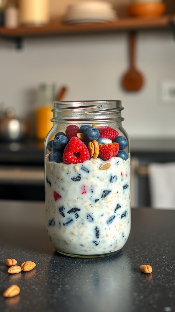 A jar of overnight oats layered with berries and nuts, ready for a healthy breakfast.