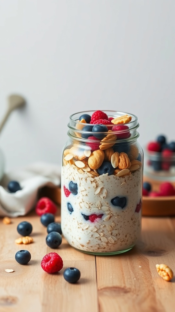 A jar of overnight oats topped with berries and nuts on a wooden table.