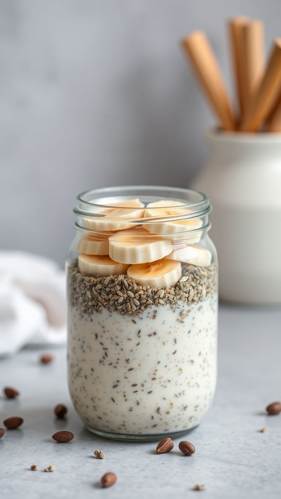 A jar of overnight oats topped with fresh fruits and nuts, showcasing a healthy breakfast option.