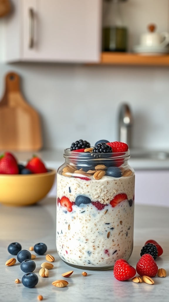 A jar of overnight oats layered with fresh berries and nuts, with a bowl of berries in the background.
