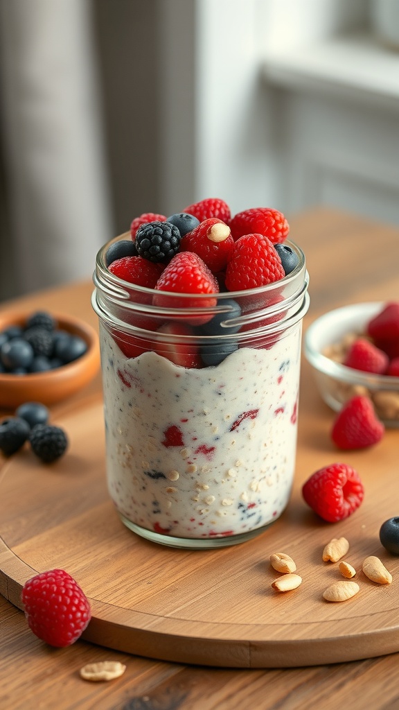 A jar of overnight oats topped with fresh berries and nuts.