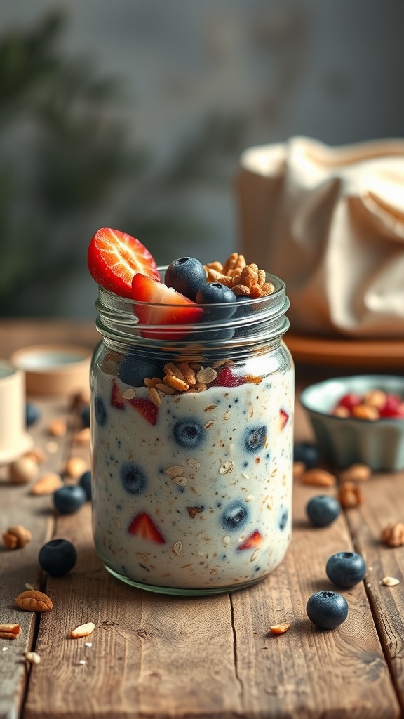 A jar of overnight oats topped with fresh fruits and nuts.