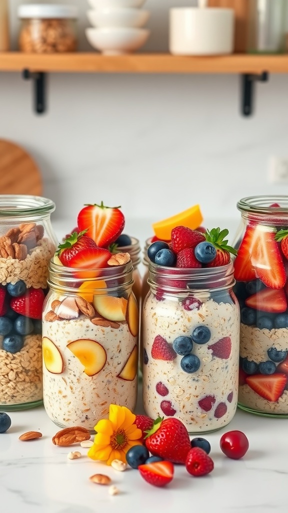 A variety of jars filled with overnight oats topped with fresh fruits.