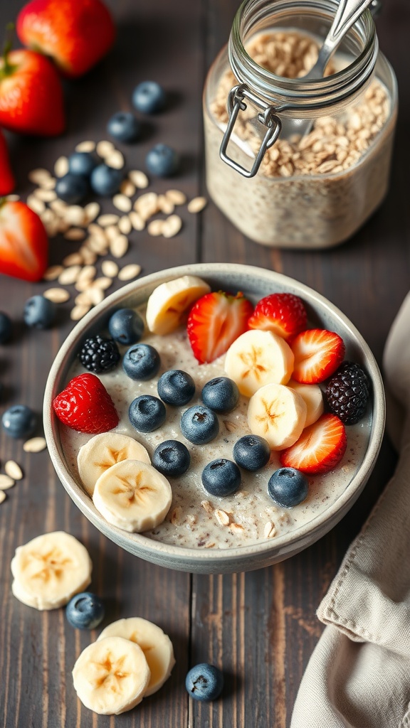 A bowl of overnight oats topped with fresh fruits.