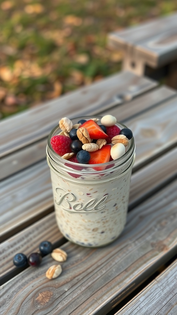 A jar of overnight oats topped with fresh fruits and nuts.