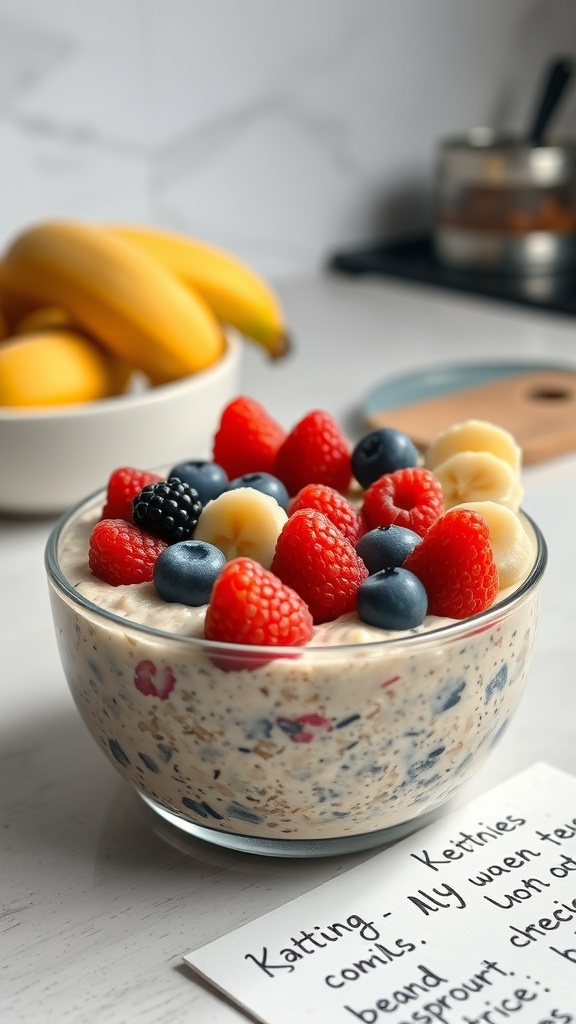 A bowl of overnight oats topped with fresh fruits like raspberries, blueberries, and banana slices, with bananas in the background.