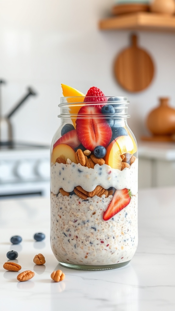 A jar of overnight oats layered with fresh fruits and nuts, set on a kitchen counter.