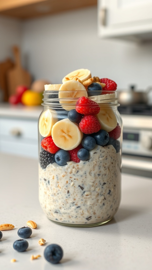 A jar of overnight oats topped with sliced bananas and mixed berries on a kitchen counter.