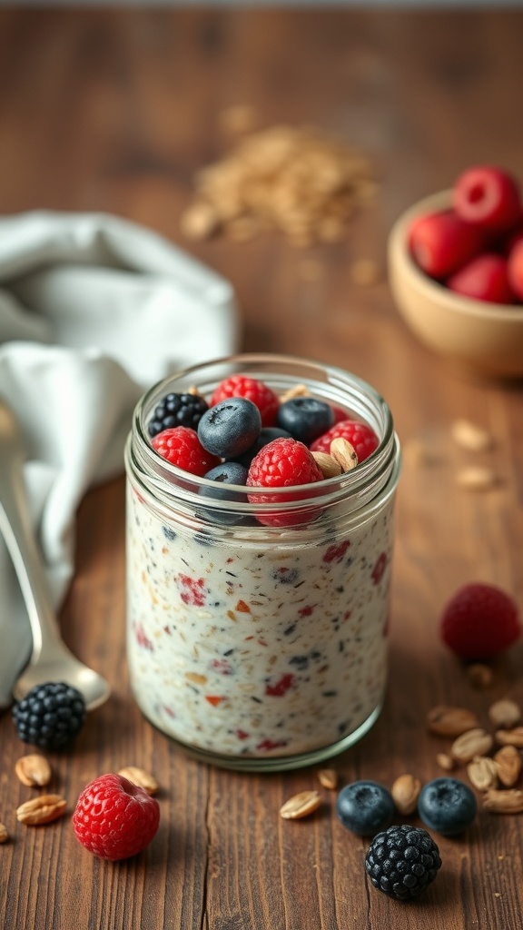 A jar of overnight oats layered with fruits and nuts, ready for a nutritious breakfast.