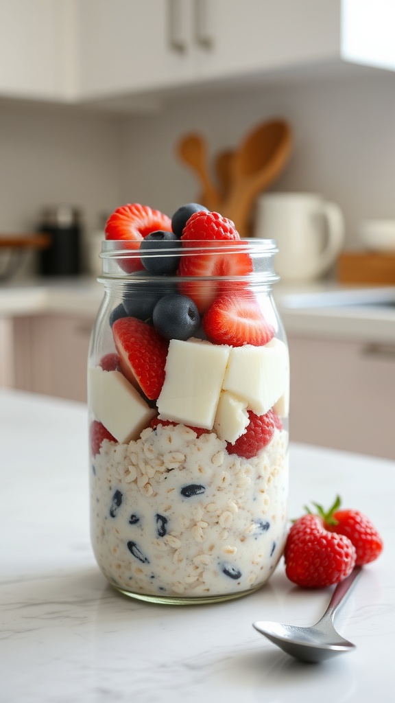 A jar of overnight oats layered with Greek yogurt and fresh berries, set on a kitchen counter.