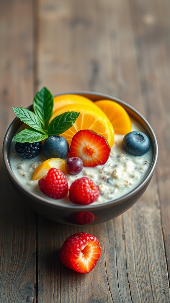 A bowl of overnight oats topped with various seasonal fruits including strawberries, blueberries, and slices of orange.