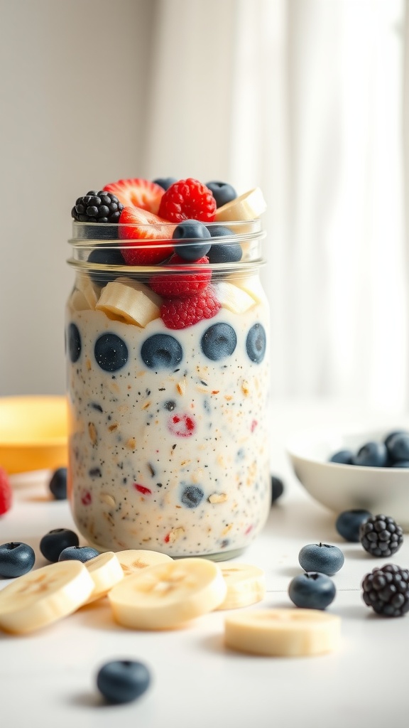 A jar of overnight oats topped with seasonal fruits like bananas, strawberries, and blueberries.
