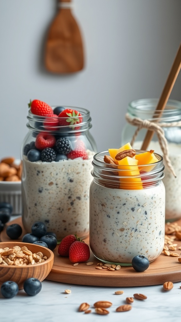 Jars of overnight oats topped with fresh fruits and nuts, showcasing a healthy breakfast option.