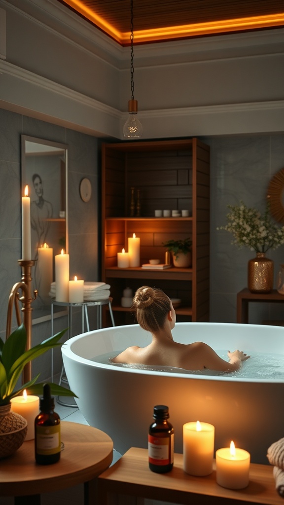 A relaxing home spa setup featuring a bathtub surrounded by candles and essential oils.
