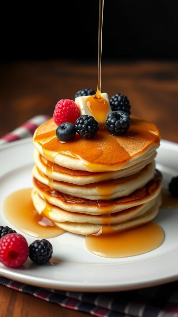 Golden brown pancakes stacked with maple syrup and fresh berries