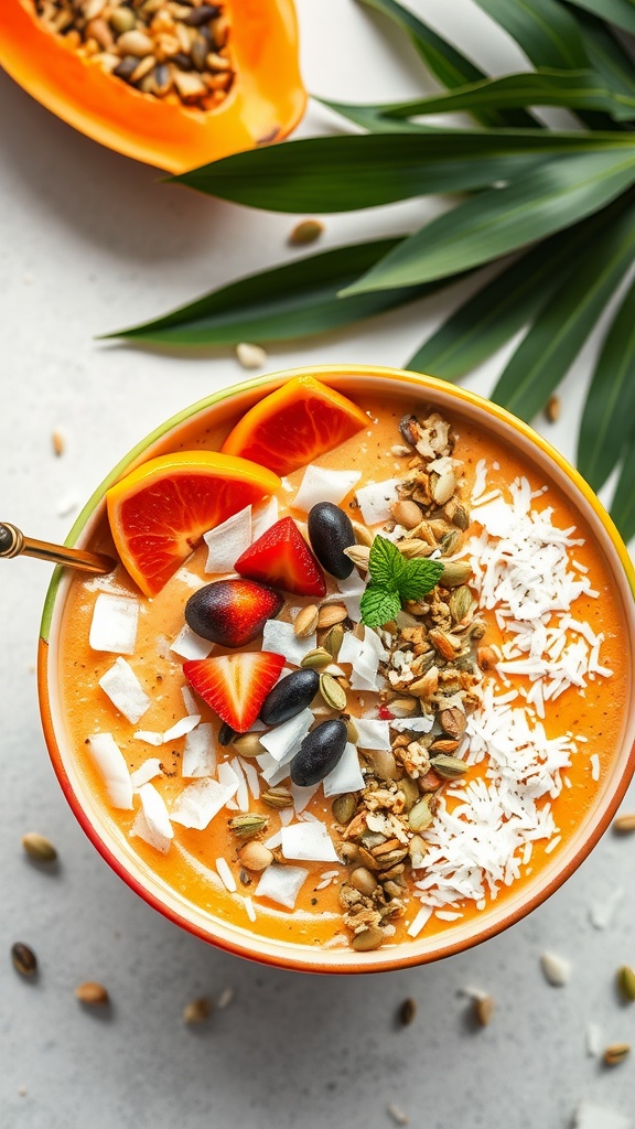 Papaya and Coconut Smoothie Bowl topped with fruits and coconut flakes