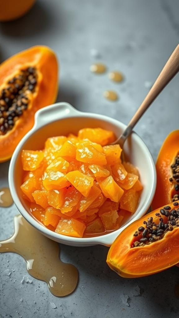 Bowl of diced papaya next to cut papaya fruit with honey drizzle