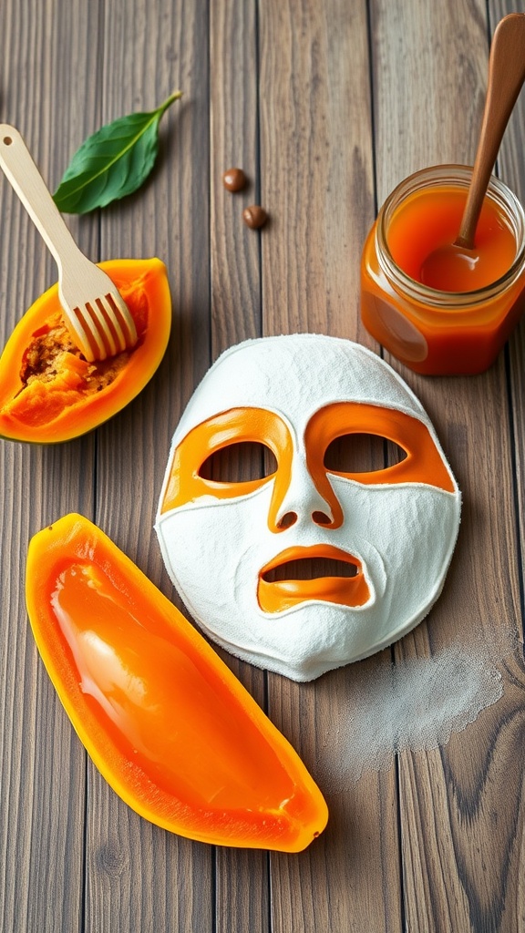 Ingredients for a Papaya and Honey Revitalizing Mask, featuring fresh papaya, honey, and a facial mask