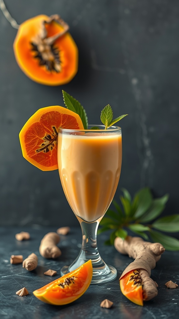 A refreshing Papaya Ginger Revitalizer smoothie in a glass garnished with mint leaves and papaya slices.