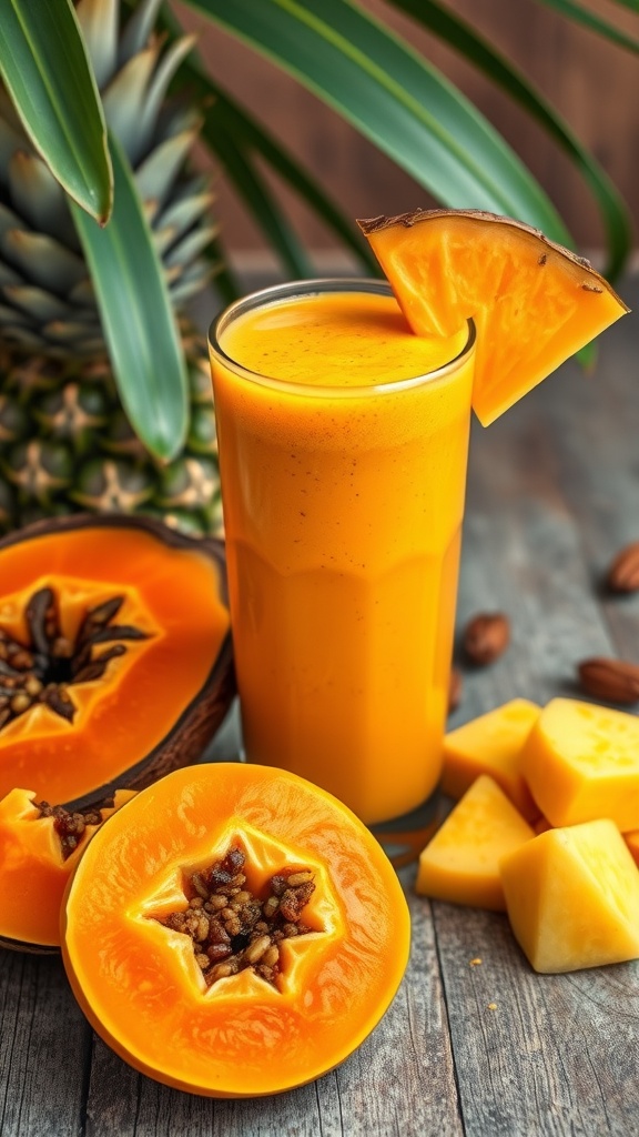 A refreshing Papaya Pineapple smoothie in a tall glass, garnished with a slice of pineapple on the rim.