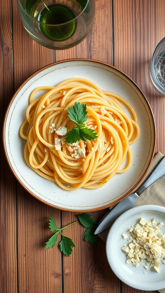 A plate of Pasta Aglio e Olio with garlic, olive oil, and parsley.