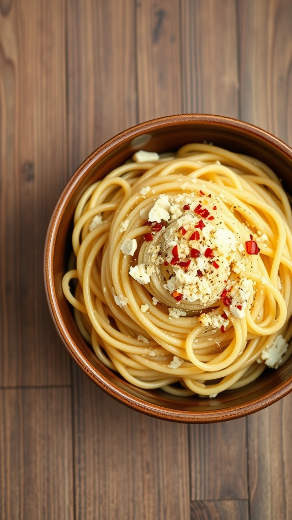 A bowl of Pasta Aglio e Olio garnished with red pepper flakes and cheese.