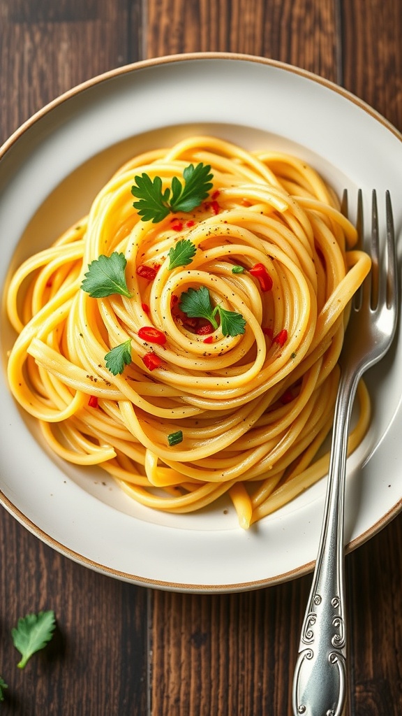 A plate of Pasta Aglio e Olio topped with fresh herbs and red pepper flakes.