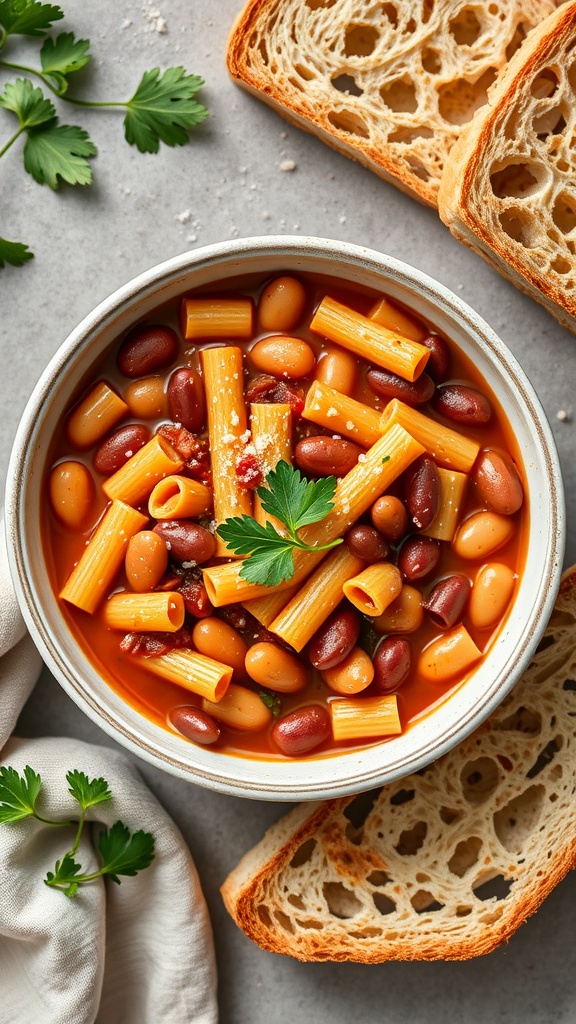 A bowl of Pasta e Fagioli with a side of bread.