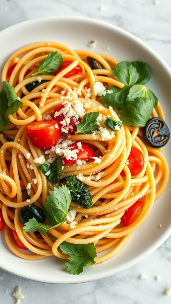 A bowl of Pasta Primavera with spaghetti, cherry tomatoes, broccoli, olives, and fresh herbs.