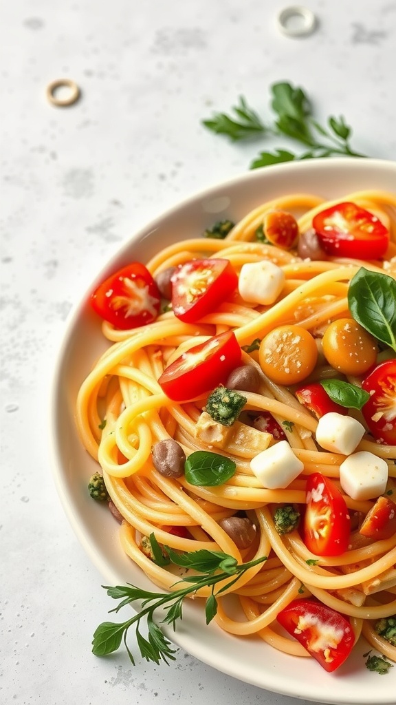 A fresh and colorful bowl of Pasta Primavera with vegetables.
